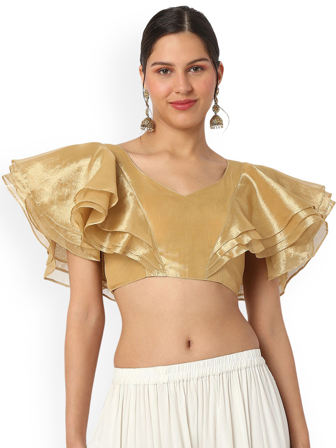 SALWAR STUDIO Organza V-Neck Saree Blouse