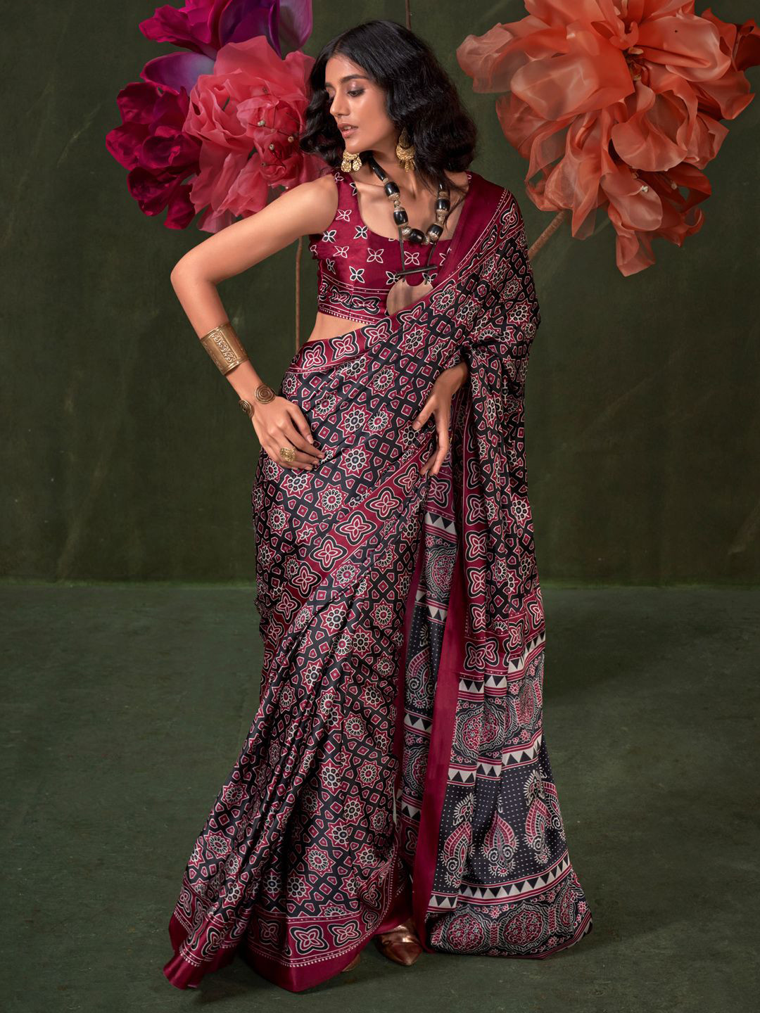 Mitera modal Ajrak Printed SareeWith Blouse Piece