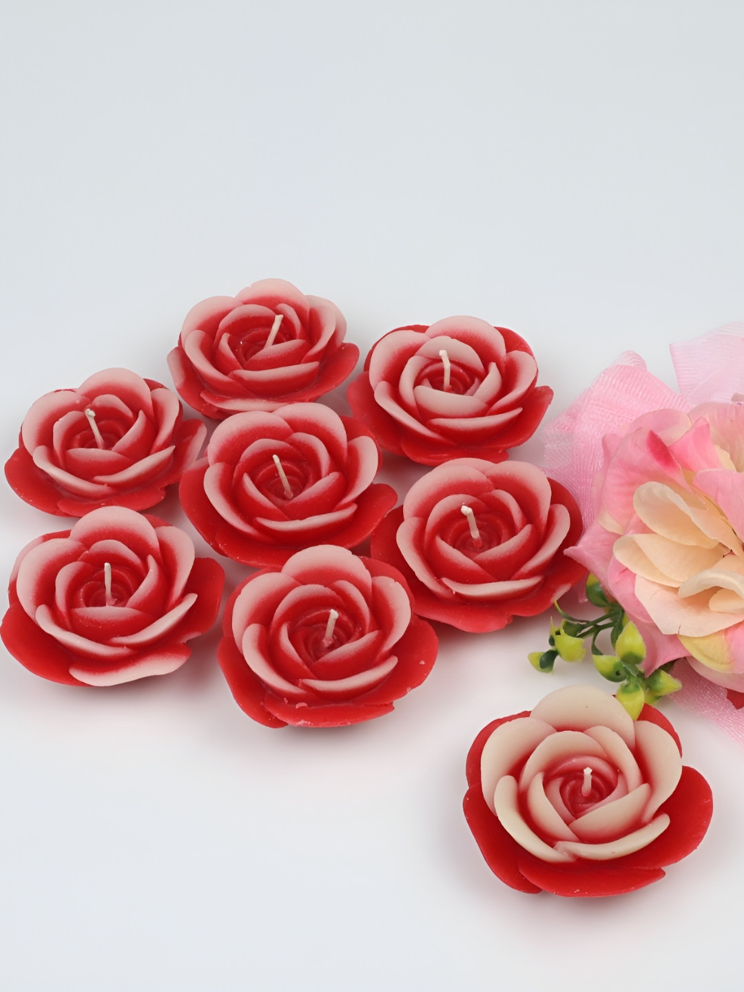 Shraddha Creation Two Tone Floating Rose, Red Color Home Decor 8Pcs Scented Solid Candles