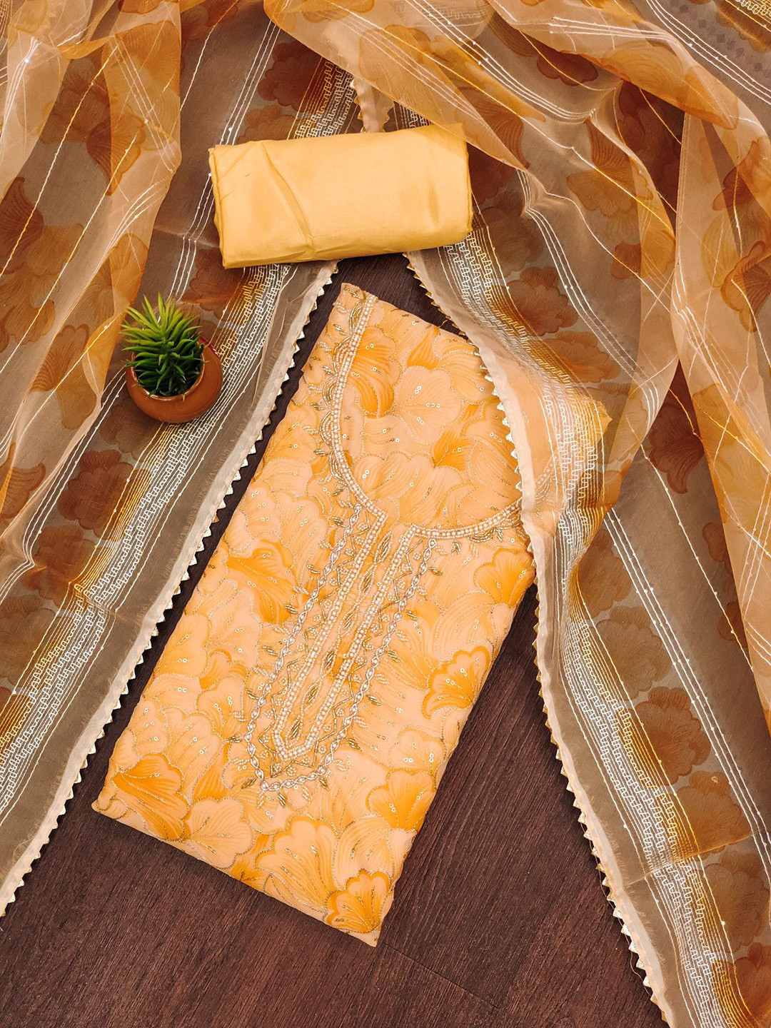 Panzora Printed Organza Unstitched Kurta Fabric Bottom Fabric and Dupatta Dress Material