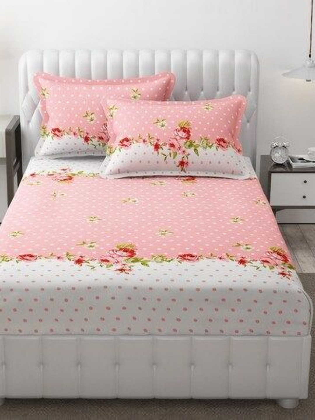 Aura Pink Floral Microfiber Dotted 144 TC Fitted King Bedsheet with 2 Pillow Covers-225 x 225 cm
