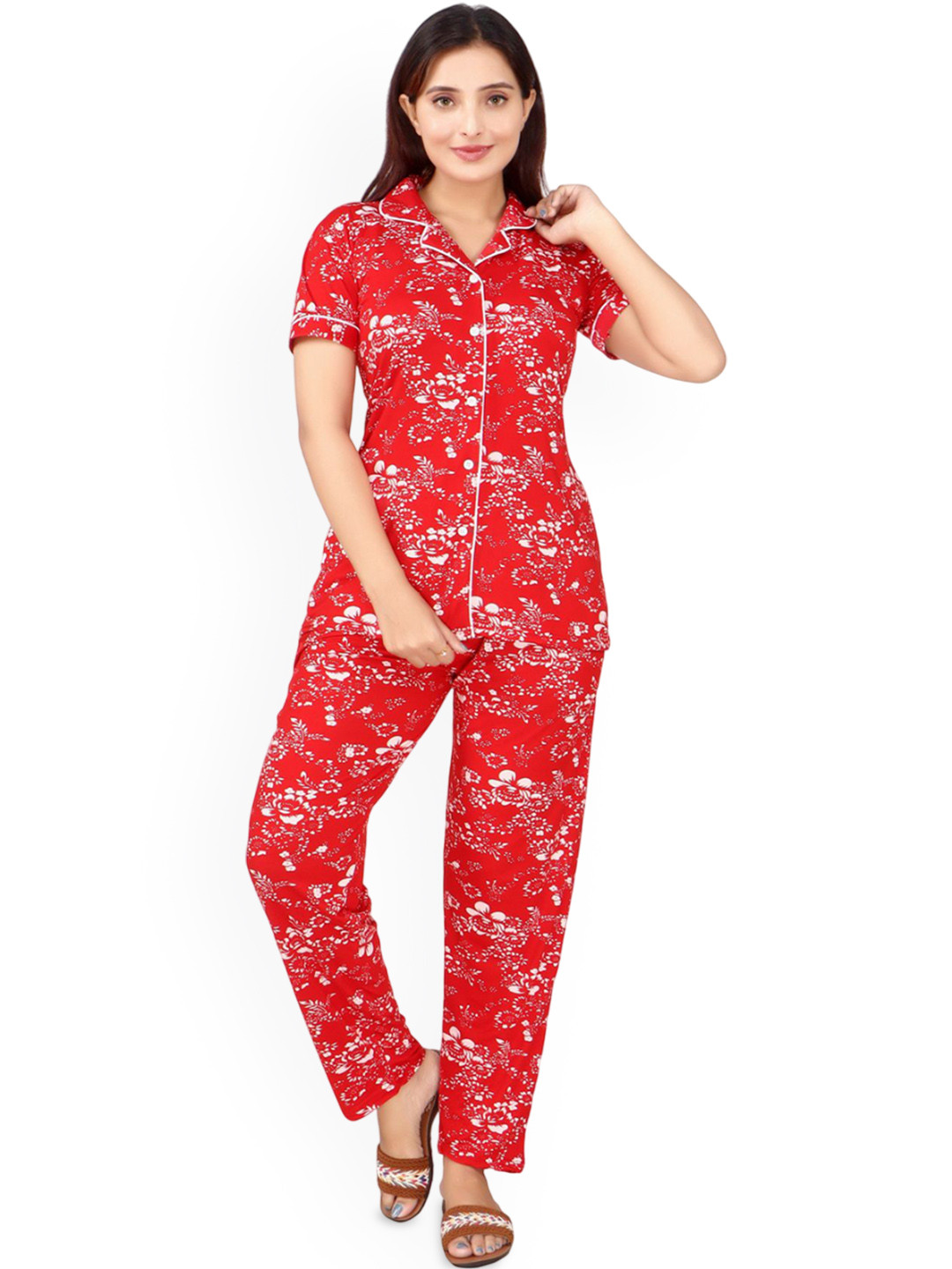 WOOL 4U Women Lapel Coller Floral Printed Night suit