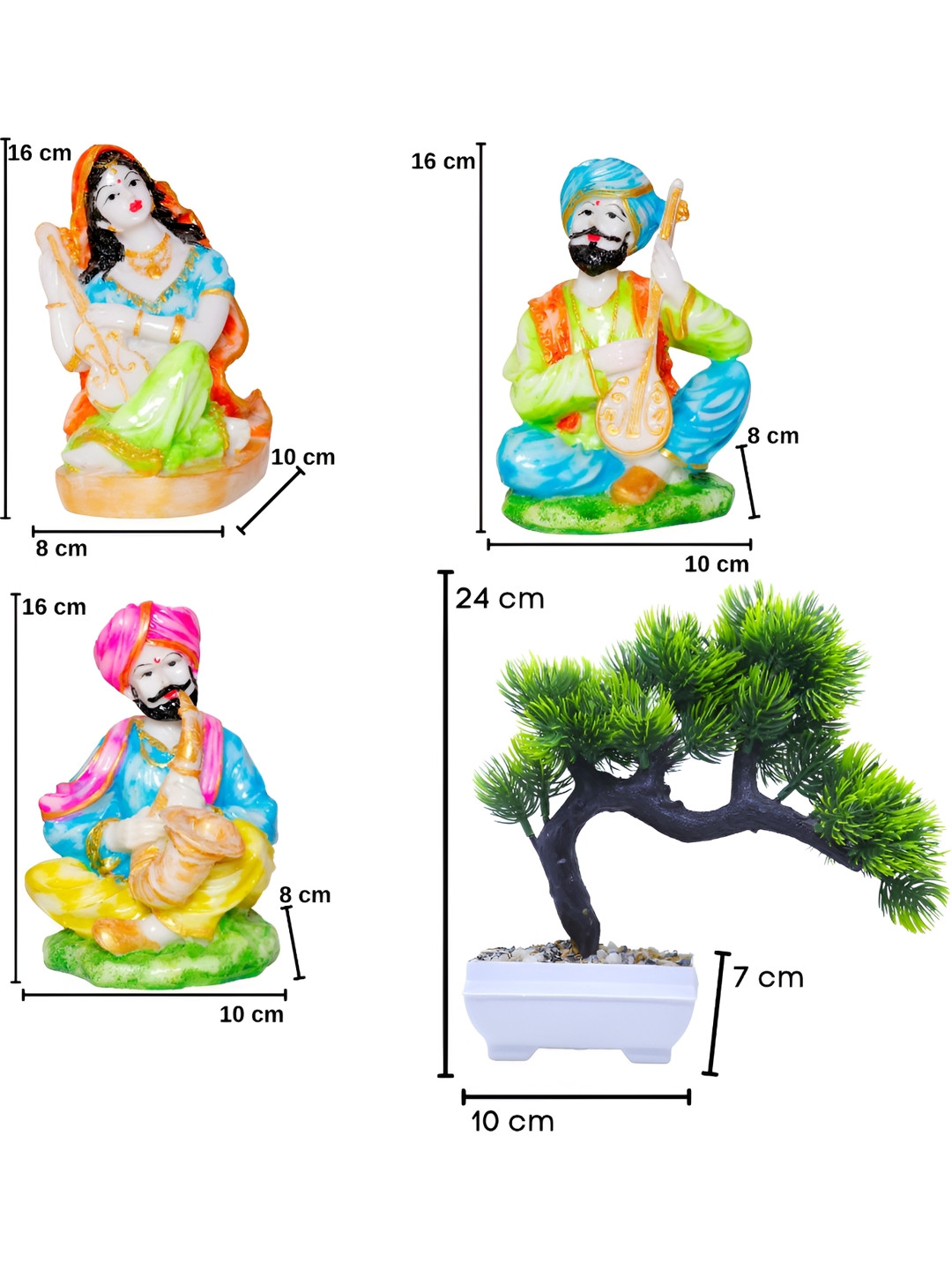 Aura Playing and Bosic Artifical Plant Green Polyresin Glossy Home Office Set of 4 Small Showpieces - 6.3 Inches