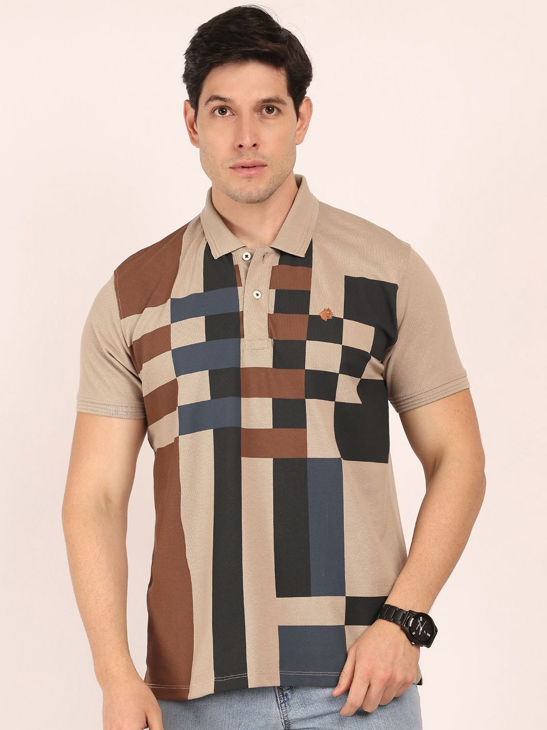 BUNCH OF BAD Checked Polo Collar Cotton T-shirt