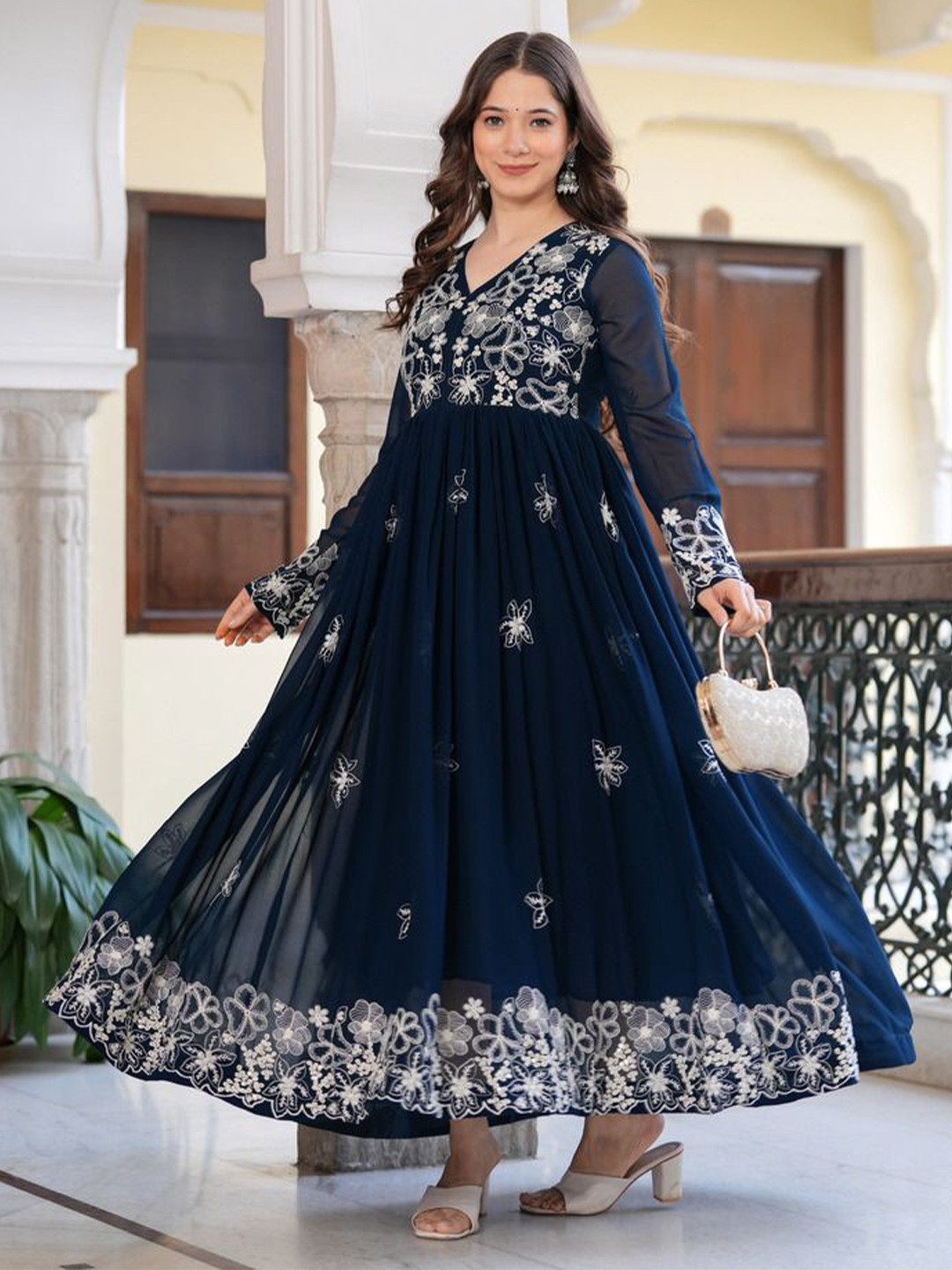 Sitaram Designer Embroidered V-Neck Ethnic Dress