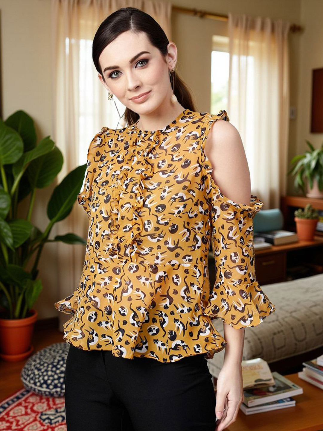 Pannkh Cat Printed Round Neck Cold-Shoulder Ruffled Top