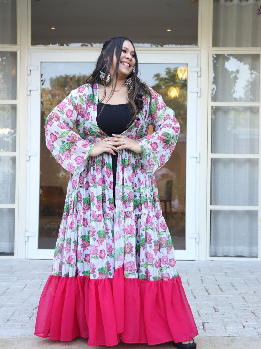 Swadeshi Shringaar Women White And Pink Lotus Printed Georgette Flared Shrug