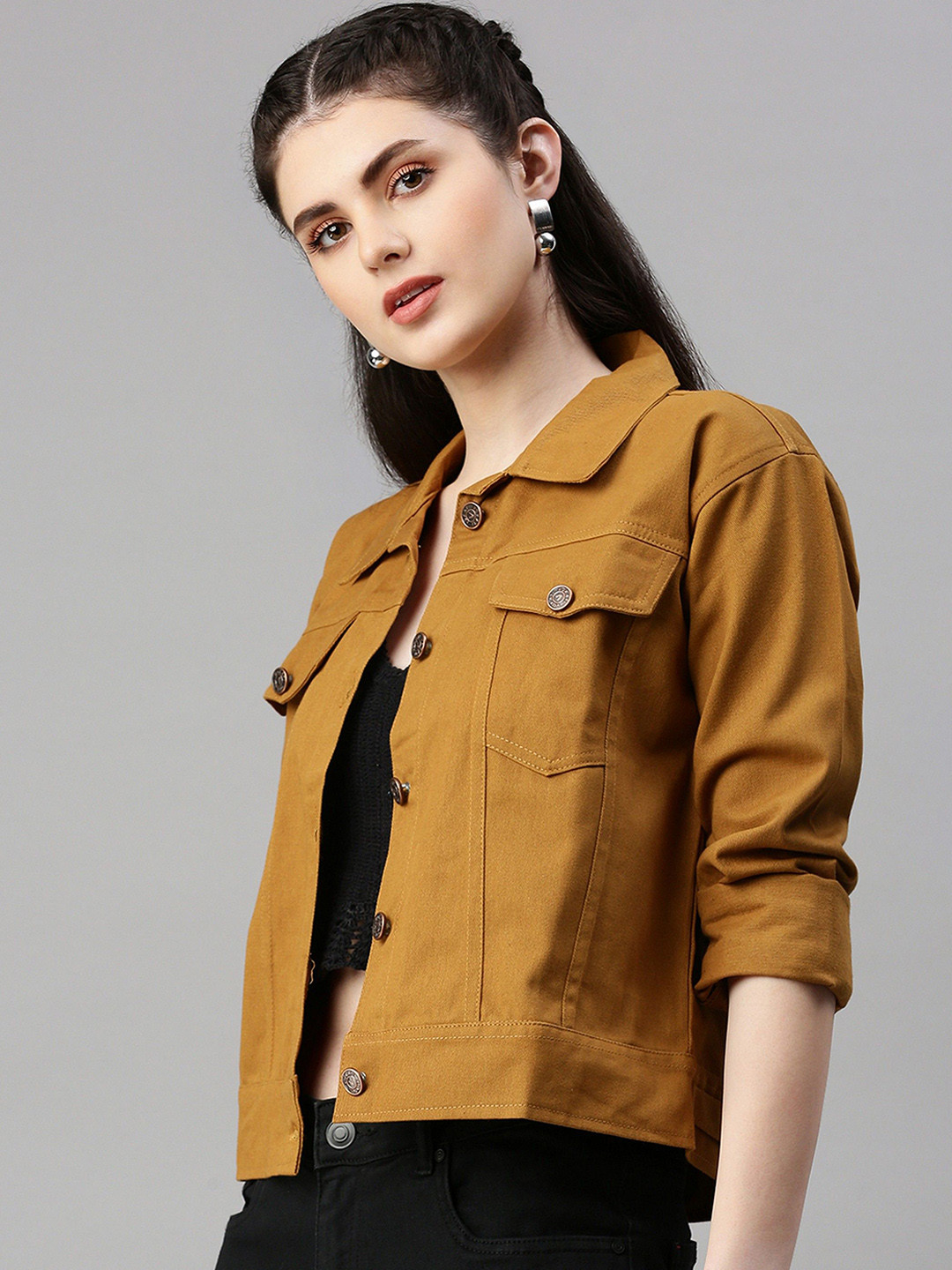 Kaali Peeli Spread Collar Long Sleeves Dual Chest Pockets Crop Denim Jacket