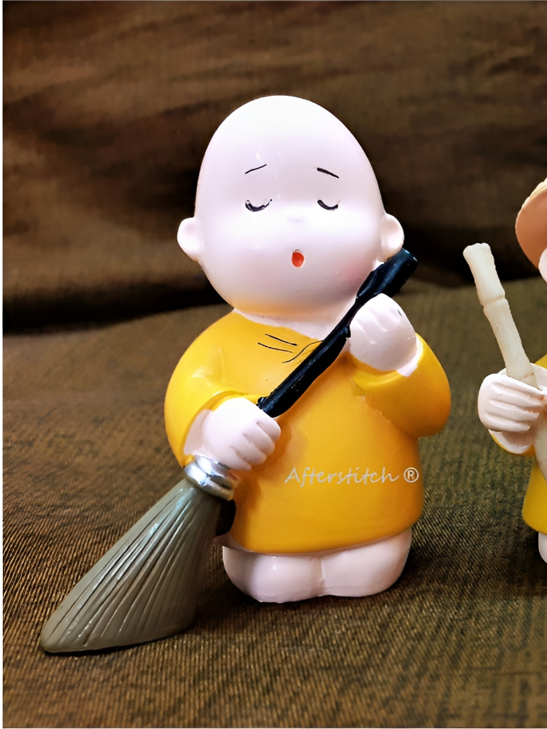 Afterstitch Baby Buddha Monk Yellow Polyresin Glossy Living Room Set of 3 Tiny Showpieces - 3.1 Inches