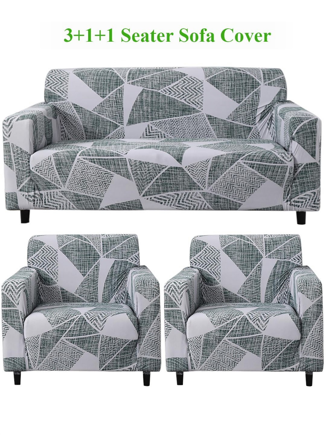 HOKIPO Grey Geometric Abstract Print 5 Seater Fully Covered Stretchable Sofa Cover