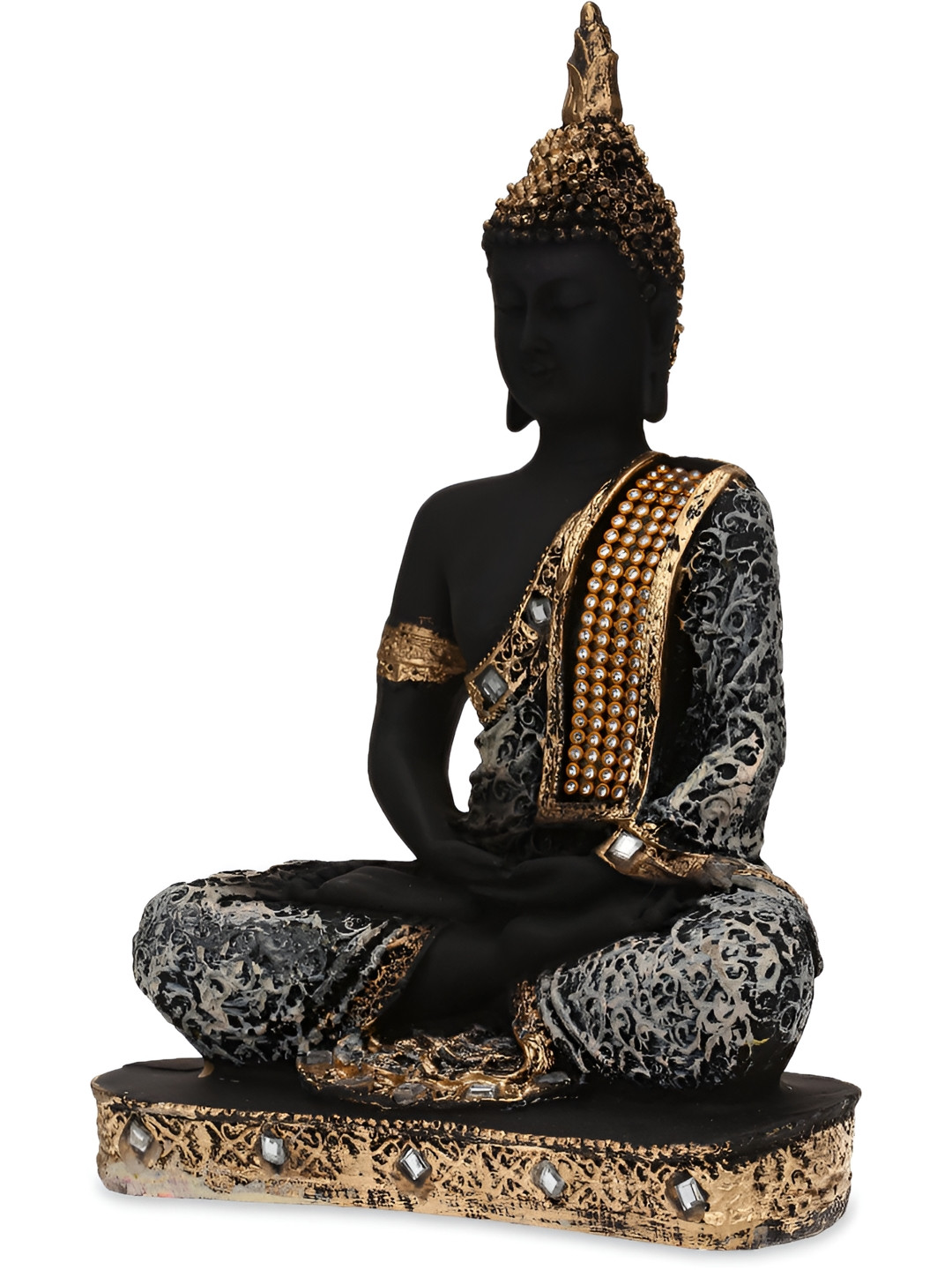 Aura Buddha Silver Polyresin Matte Prayer Room Medium Showpiece - 9.8 Inches