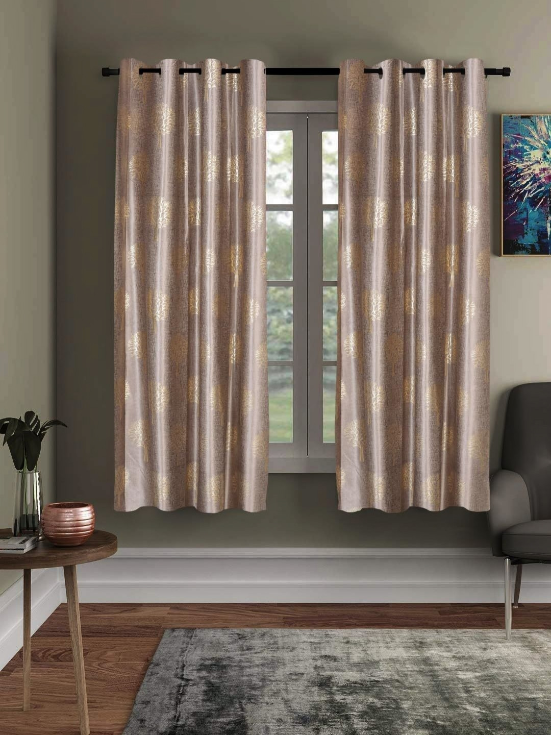 RRC Brown & Gold-Toned Set of 2 Floral Semi Blackout Door Curtains
