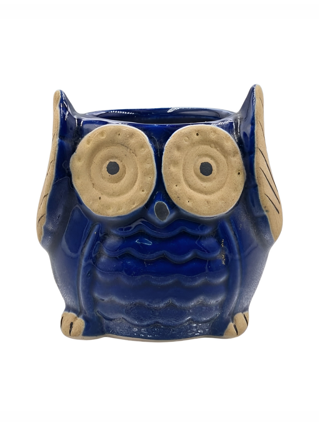INDIA MEETS INDIA Blue & Beige Textured Owl Shaped CeramicPlanters