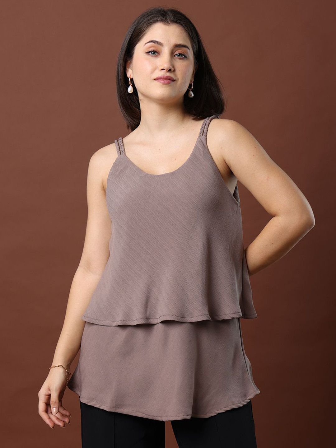 MYND Brown Longline Scoop Neck Tiered Top