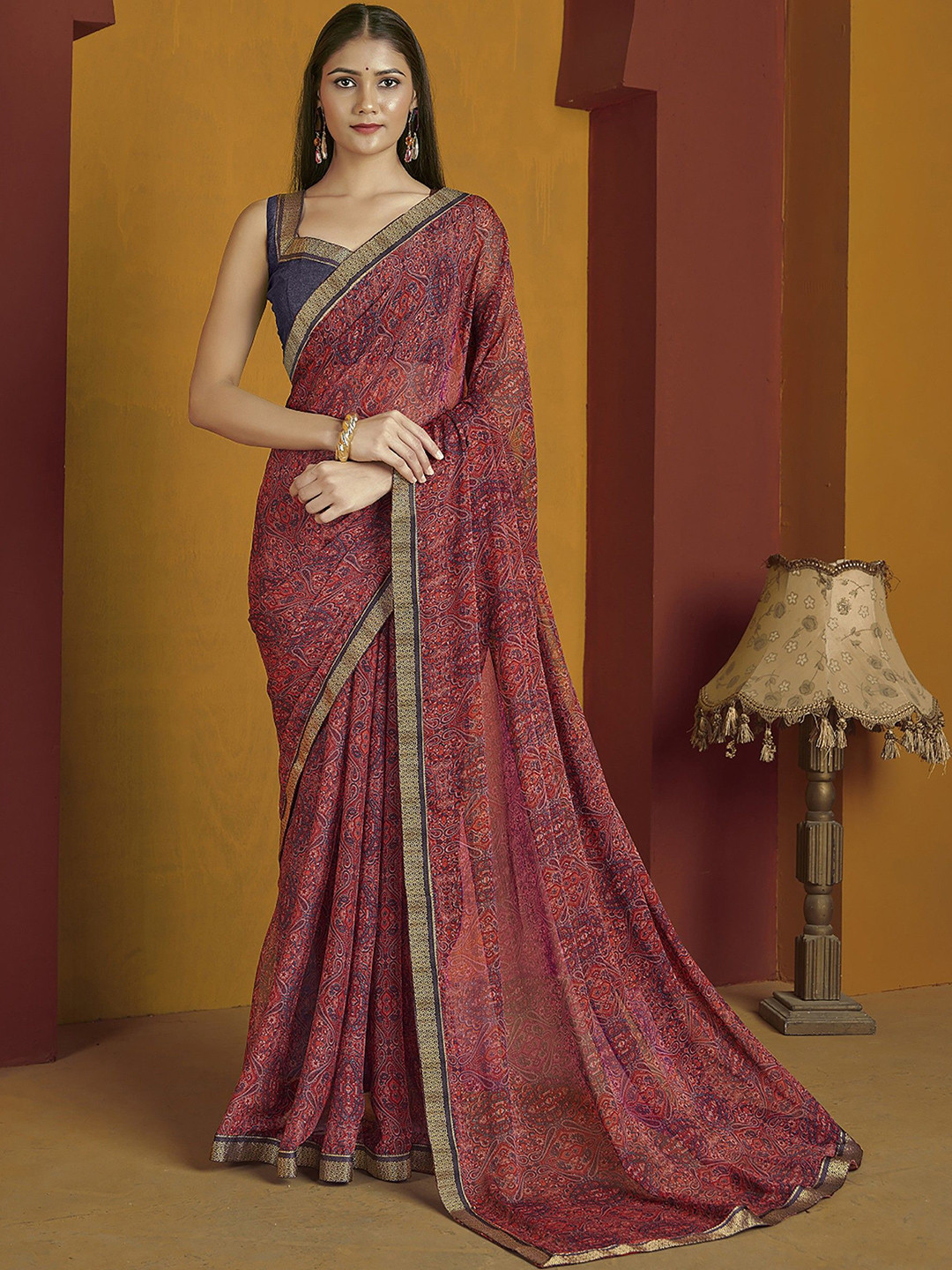 KALINI Paisley Printed Lace Work Saree with Blouse Piece
