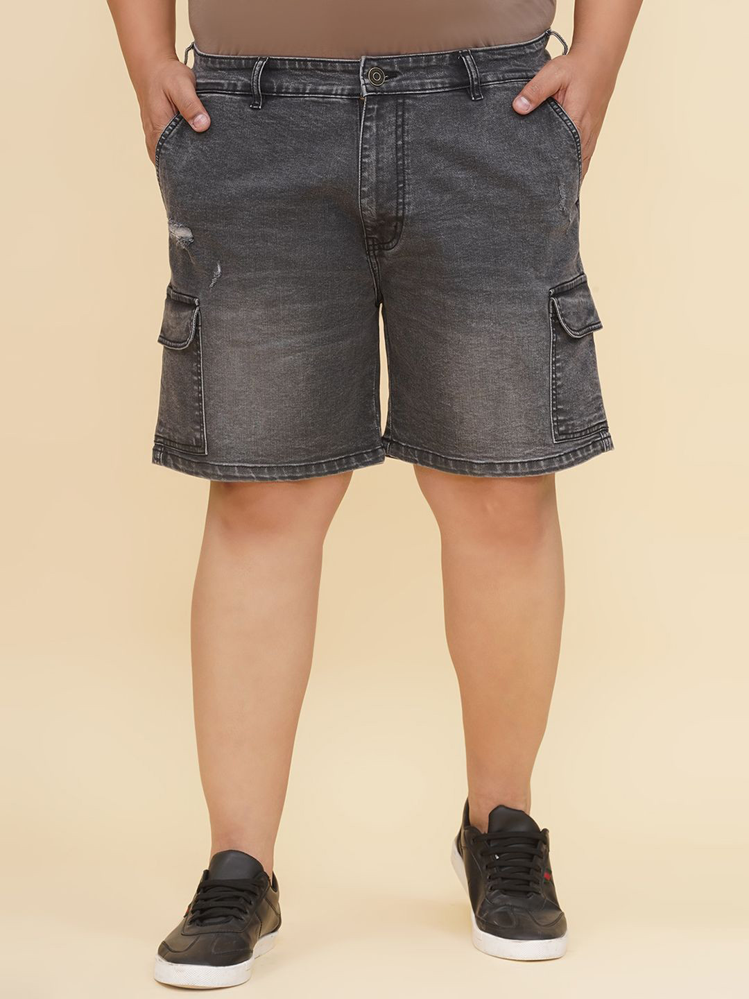 John Pride Plus Size Men Washed Denim Cargo Shorts
