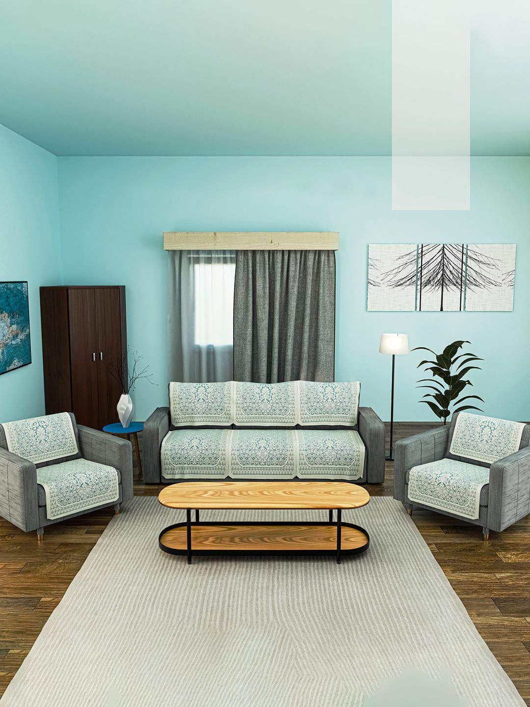 Kuber Industries Blue & White Net Cotton Sofa & Table Cover Combo