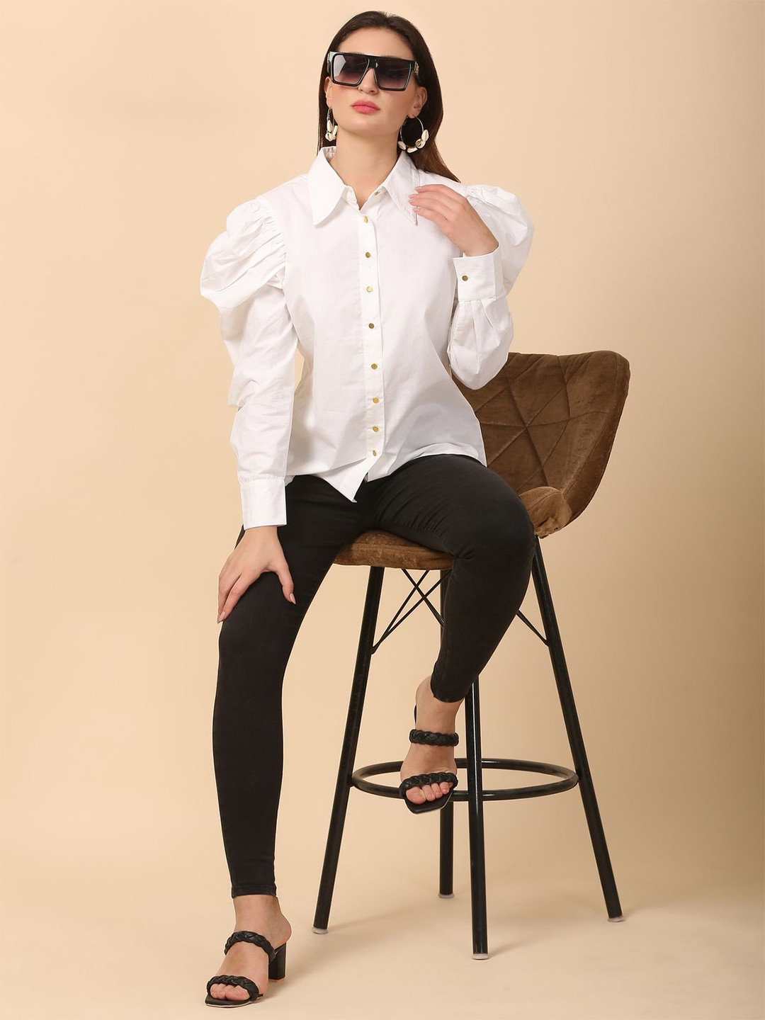 NOUN Women Caleb Classic Fit Solid Puff Sleeves Cotton Casual Shirt