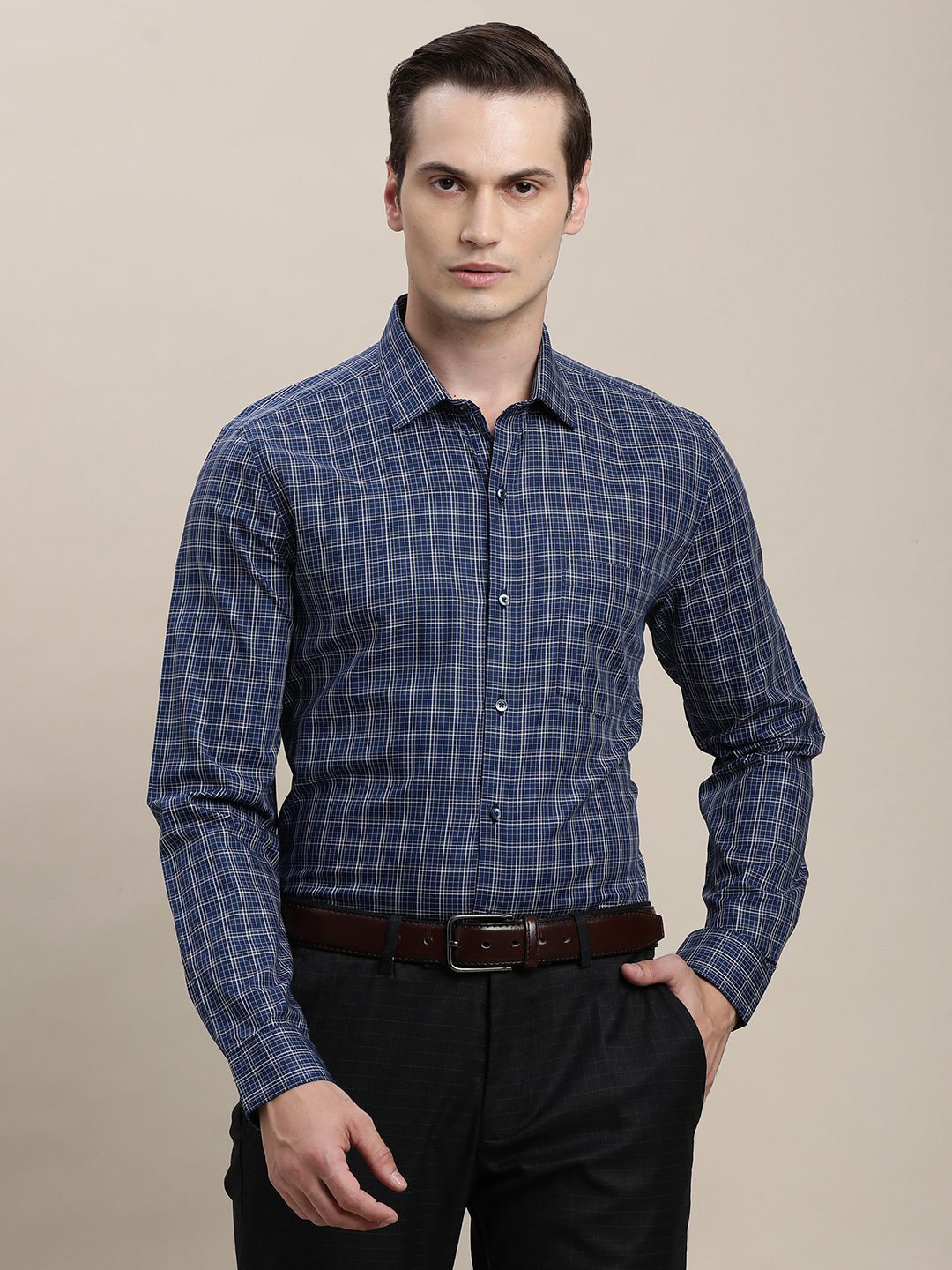 Turtle Classic Tartan Checked Spread Collar Classic Cotton Formal Shirt