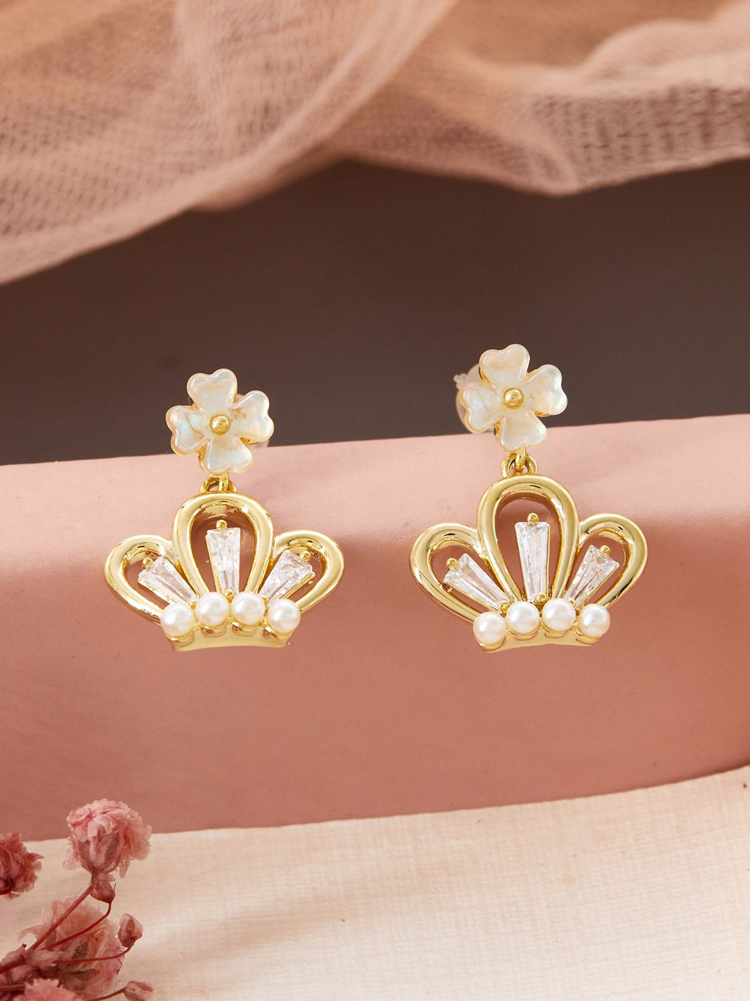 GC Jewelery Gold Plated Artificial Stones And Beads Studded Crown Shaped Drop Earrings