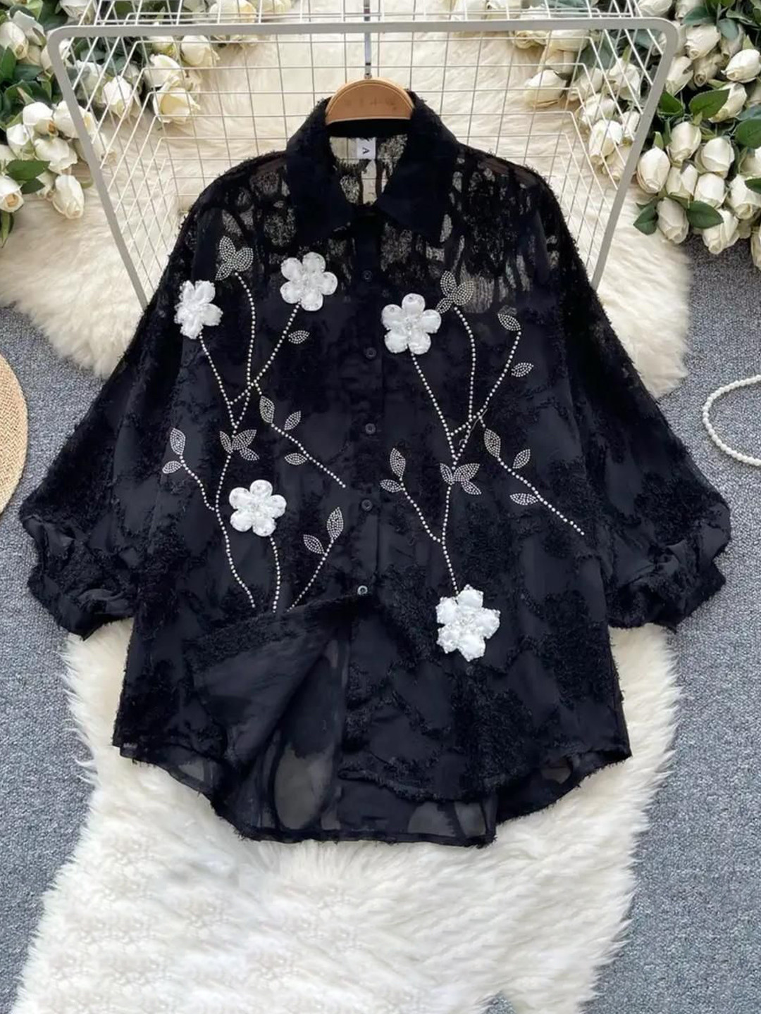 Miss Mosa By Akanksha  Black Levi Oversized Rhinestone Shirt