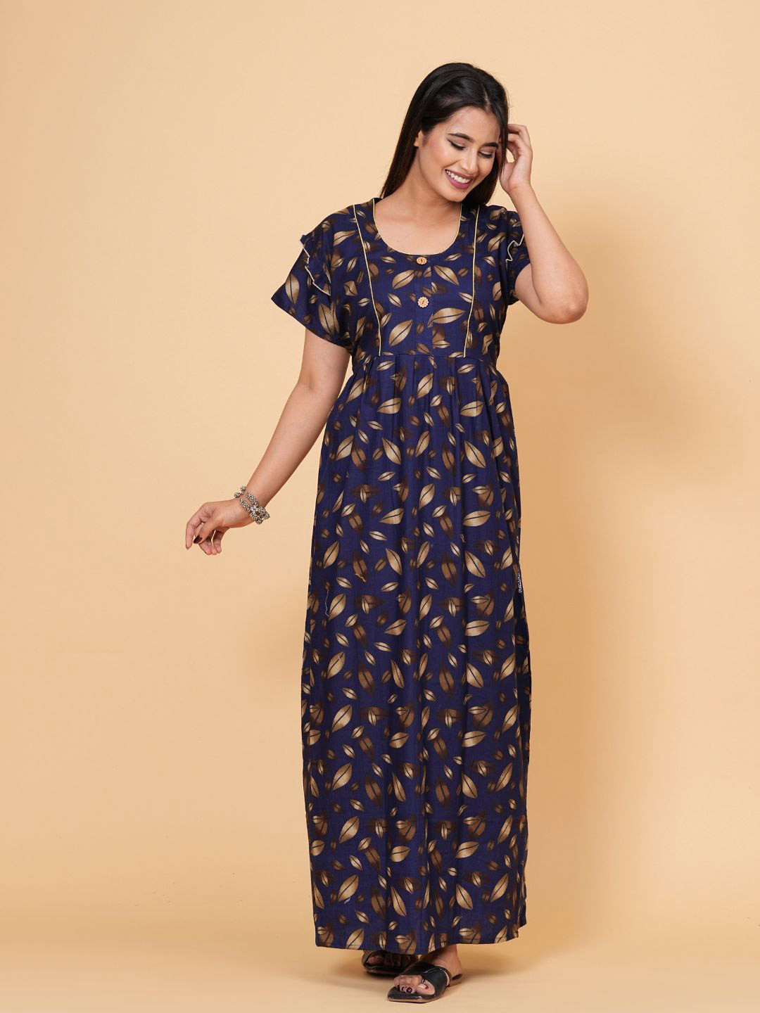 HARGUN NIGHT WEAR Leaves Printed Frock Style Cotton Maxi Nightdress