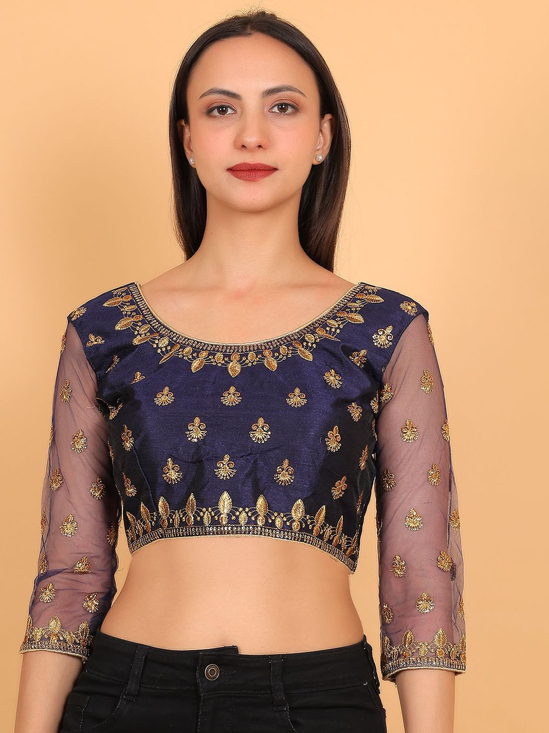 Trendzmy Embroidered Net Sleeve Blouse With Zari Work