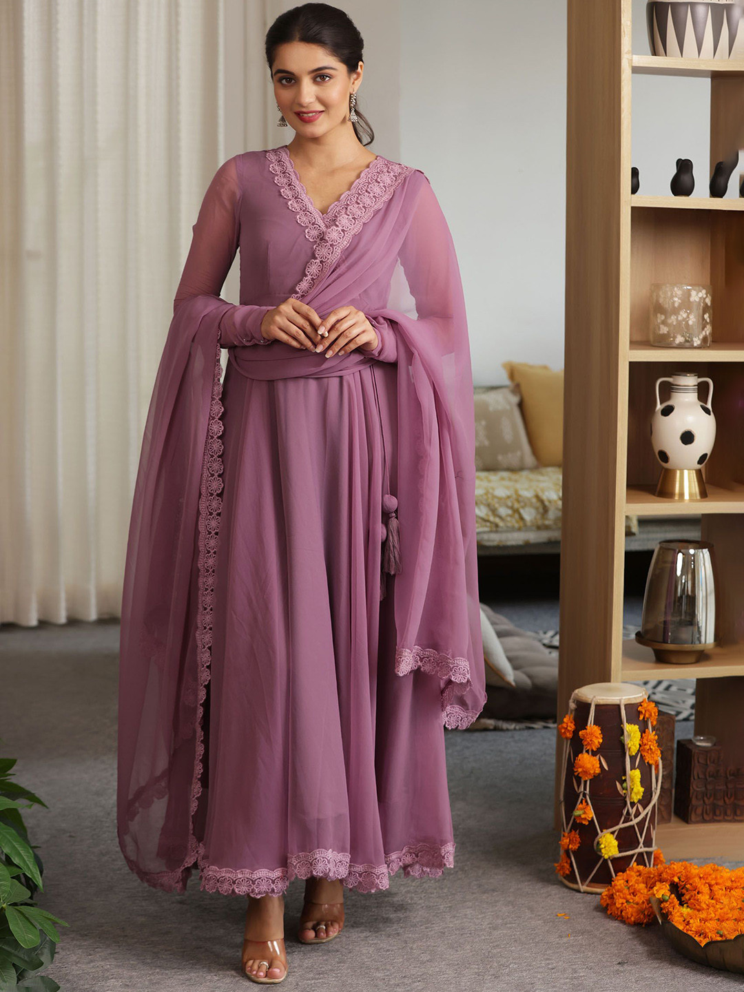 SAJILO Georgette V-Neck Anarkali Kurta With Trousers & Dupatta