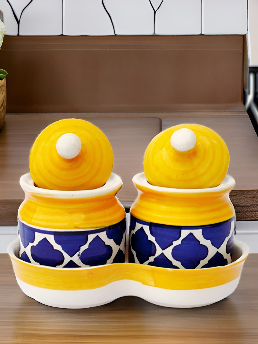 Kraftlik Handicraft Yellow Argyle Ceramic Easy To Clean 2 Piece Flip Top Canister