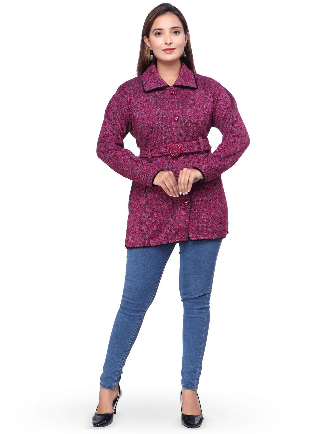 WOOL 4U SNAKEBELT Women Printed Woollen Cardigan with Belted Detail