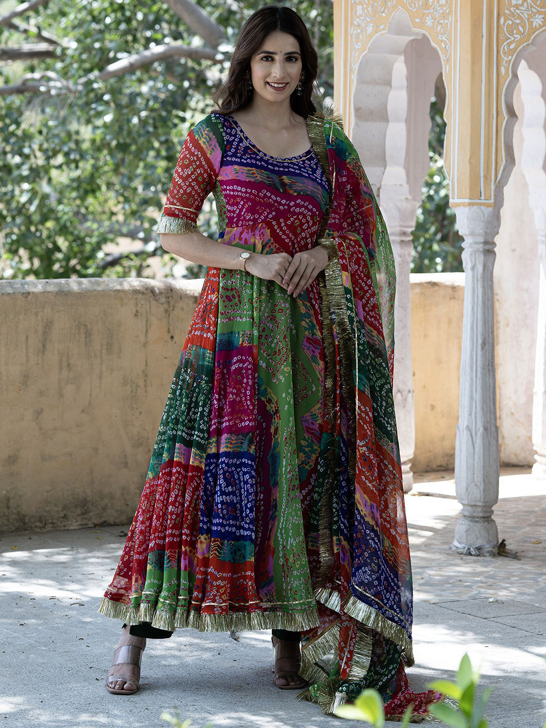 SAJILO Ethnic Motifs Printed Round Neck Anarkali Kurta With Trousers & Dupatta