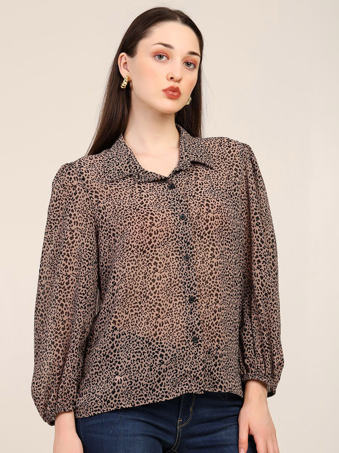 7OUNCE Women Leopard Animal Printed Semi Sheer Shirt