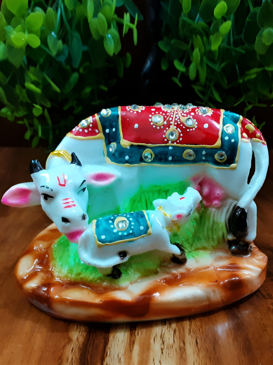 Afterstitch Cow Calf Blue Polyresin Glossy Living Room Small Showpiece - 3.9 Inches