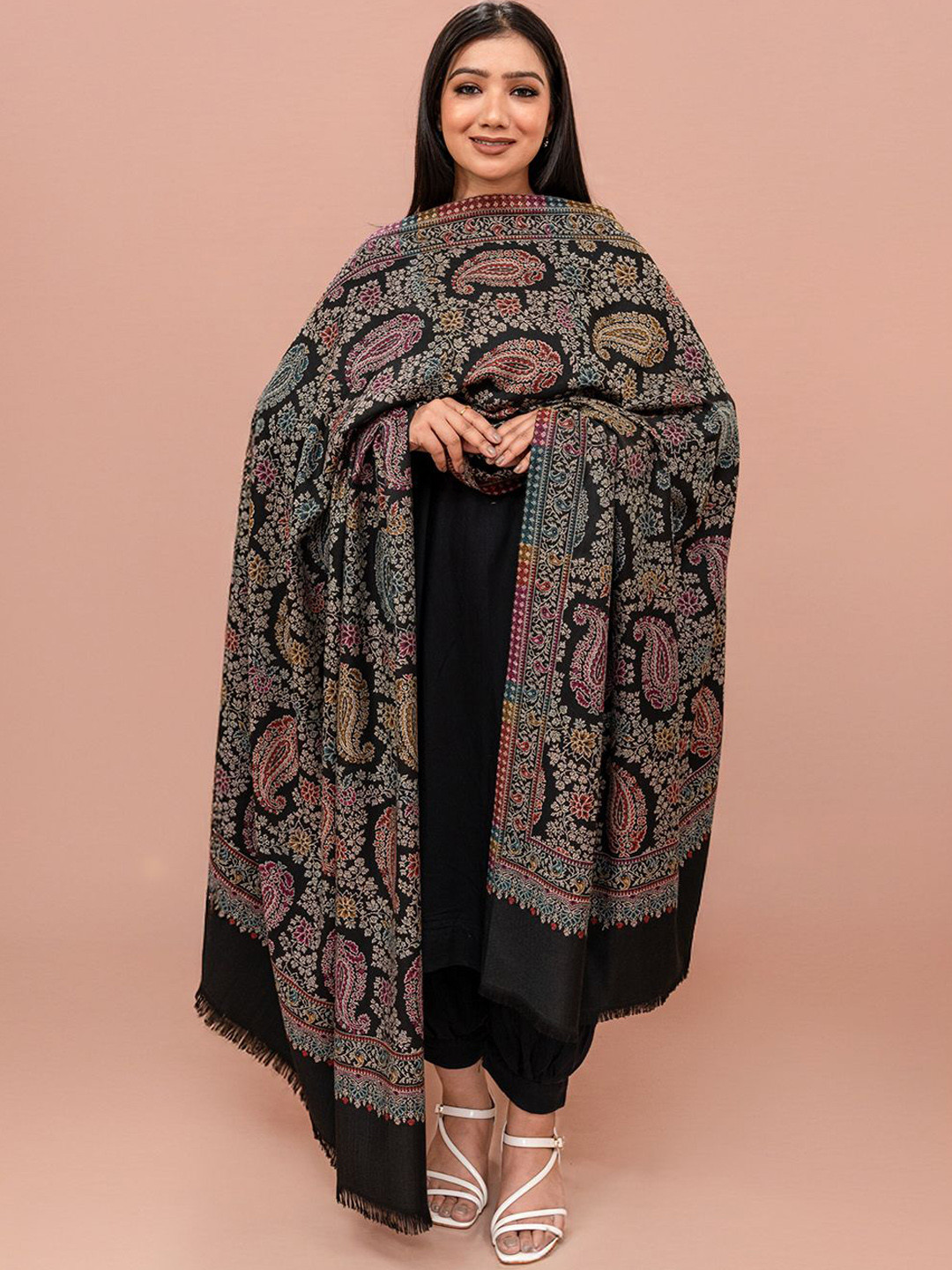 Kala Maison Women Black Paisley Kaani Woven-Design Woollen Shawl
