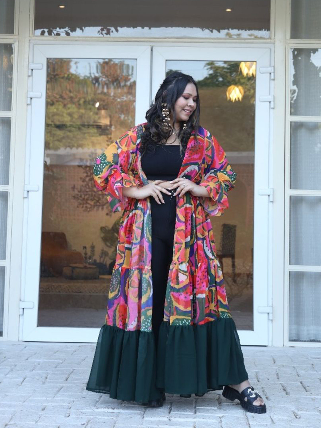 Swadeshi Shringaar Women Lemon Abstract Printed Georgette Flared Shrug