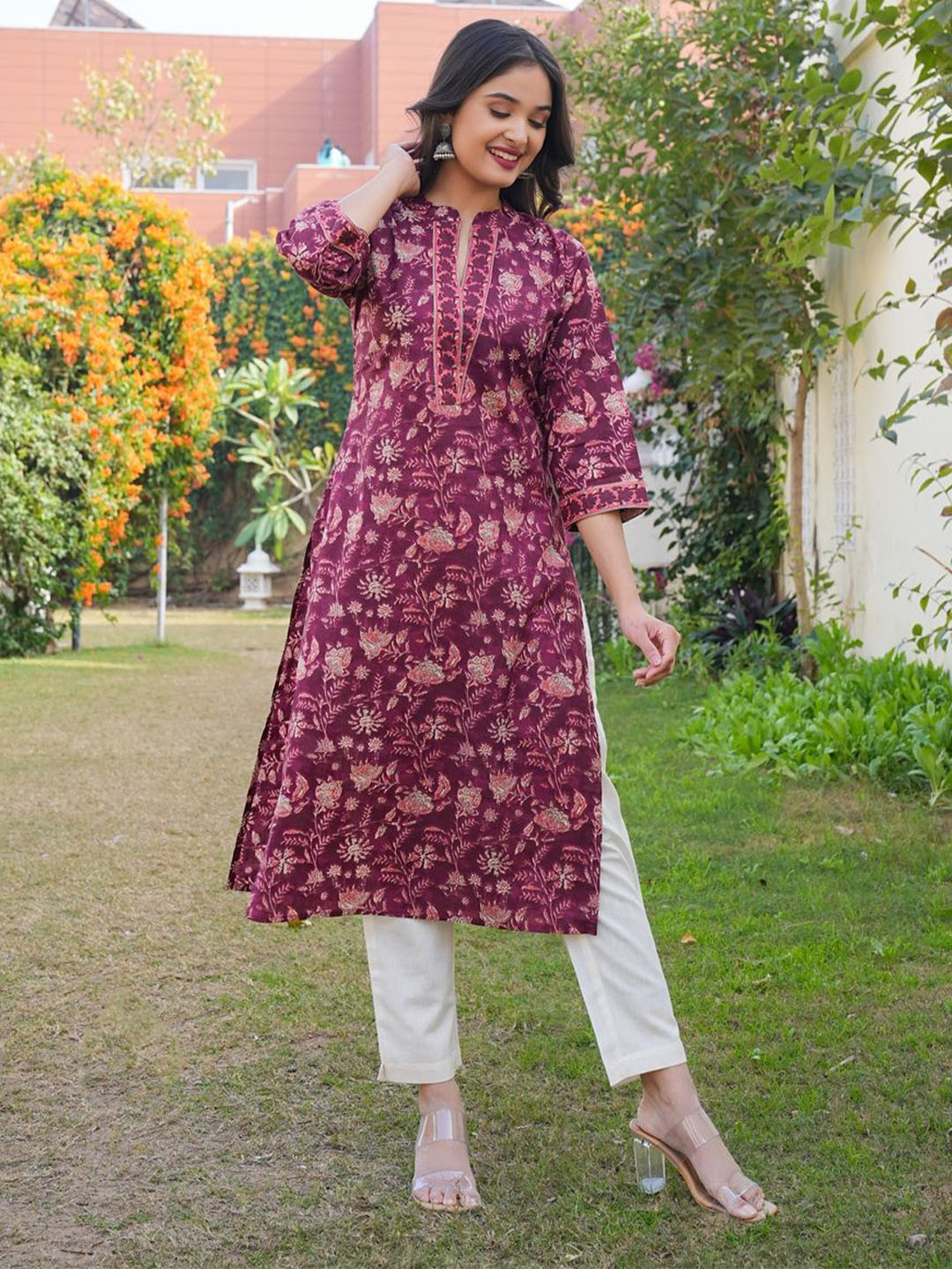 KALINI Floral Printed Mandarin Collar Cotton Straight Kurta