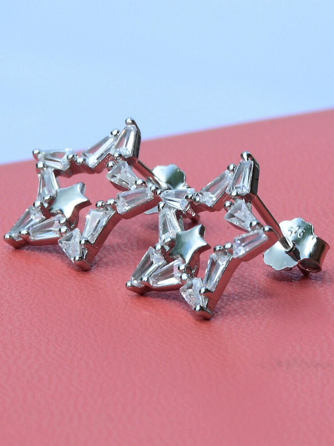 Satlaa 92.5 Pure Silver Diamond Star Shaped Cubic Zirconia Circular Studs Earrings