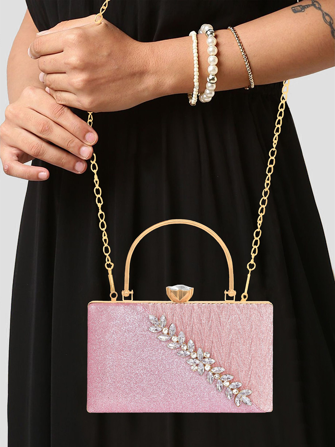 MISHA Women Stone Embellished Box Clutch