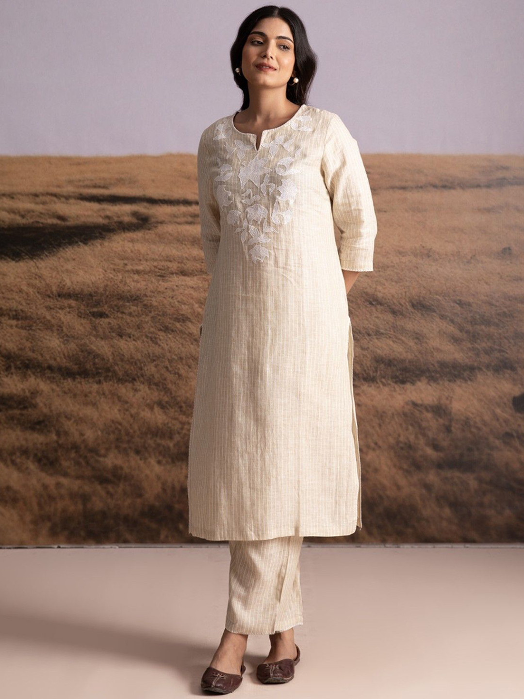 Bombay Bloom Women Striped Regular Linen Kurta with Trousers