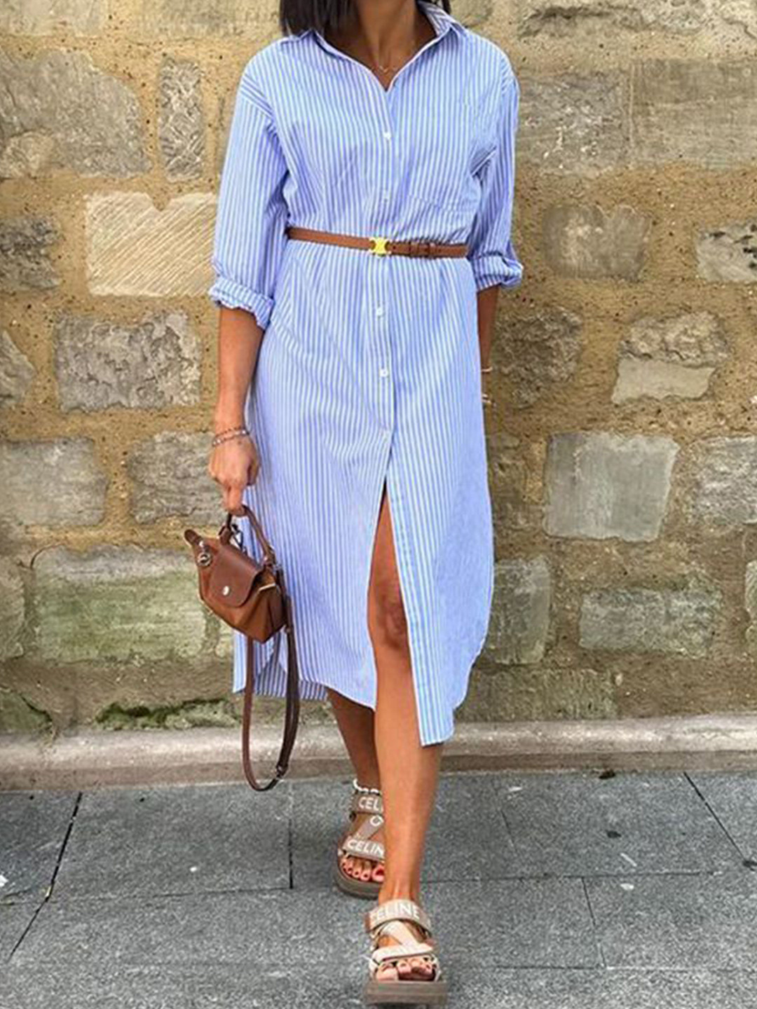 all about you Striped Shirt Collar Rolled-Up Sleeves Shirt Dress