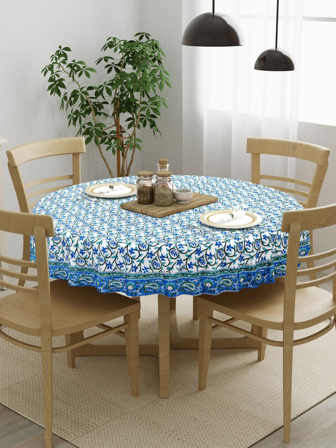 BLOCKS OF INDIA White & Blue Floral Printed Cotton Round 4-Seater Table Cover