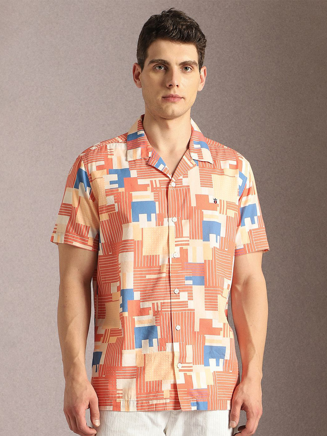 Louis Philippe Jeans Printed Spread Collar Short Sleeves Cotton Slim Fit Shirt