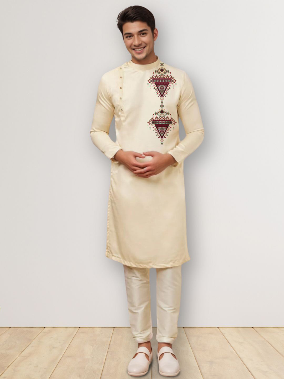 PulseIQ Ethnic Motifs Printed Band Collar Straight Kurta