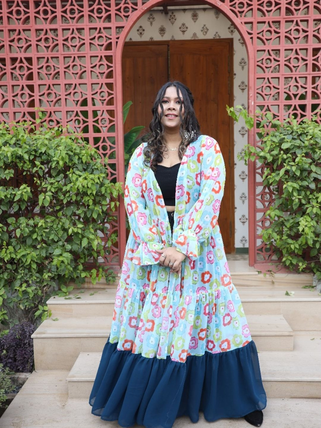 Swadeshi Shringaar Women Sky Blue Abstract Floral Printed Georgette Flared Shrug