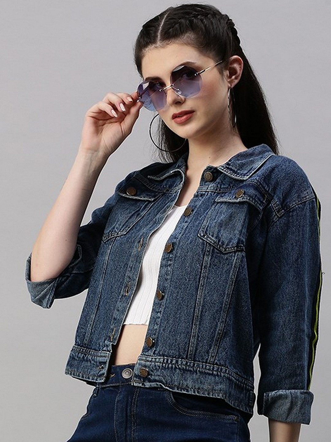 Kaali Peeli Spread Collar Long Sleeves Dual Chest Pockets Crop Denim Jacket