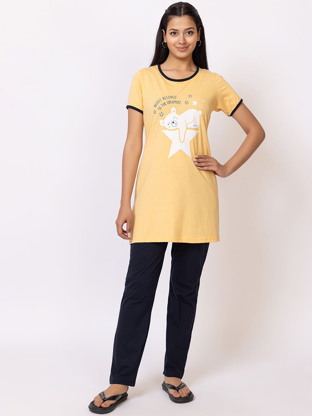 Bell Paper Women Graphic Printed Longline T-Shirt With Pyjama Cotton Night suit