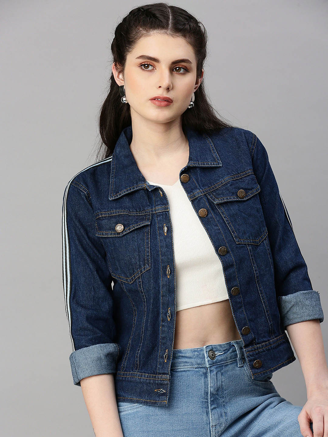 Kaali Peeli Spread Collar Long Sleeves Dual Chest Pockets Crop Denim Jacket