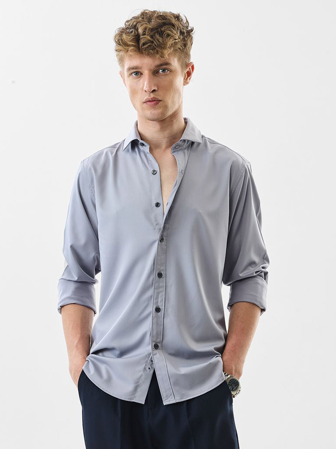 Snitch Grey Slim Fit Stretch Casual Luxe Shirt