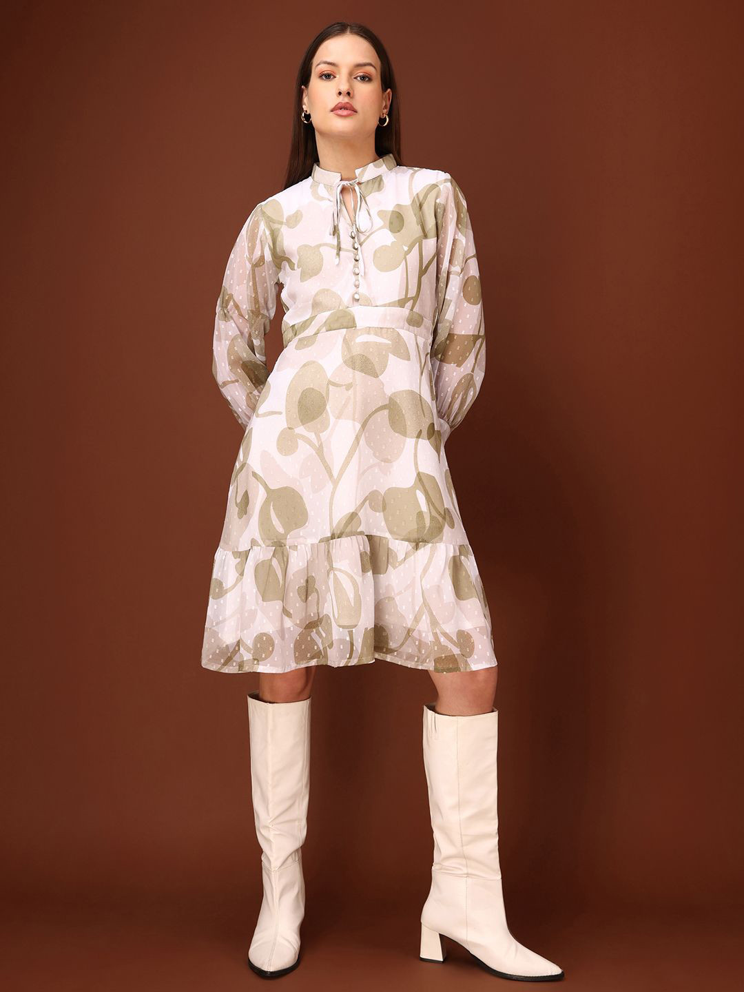 PURVAJA Breeze & Buti Floral Printed Tie-Up Neck Bishop Sleeve Georgette Fit & Flare Dress