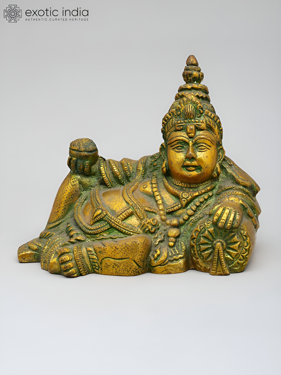 Exotic India Gold-Toned & Green Religious Kubera Idol Showpiece